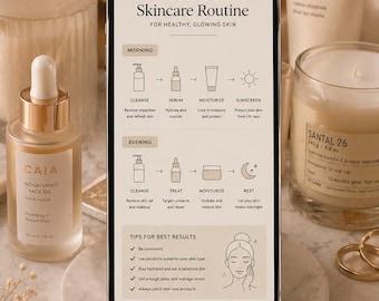 Paquete de infografías sobre rutinas de cuidado de la piel, guía de belleza estética, tabla de cuidado diario de la piel, PDF imprimible, planificador minimalista de cuidado de la piel, descarga digital.