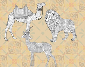 Moroccan Patterns Adult Coloring Book, Majestic Atlas Lion and Desert Camel Mandala,Intricate Zellij Geometric Designs, Digital Download PDF