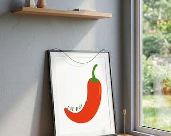 Minimalist Red Chili Pepper Wall Art -Funny Kitchen Print -Modern Food Illustration Poster - Digital Download Decor -Vibrant Red & Green Art