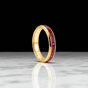 Ruby Gold Tungsten Wedding Band: Crushed Red Stone Inlay, 4mm Bands, Ruby Stone Ring, Unique Ring, Tungsten Engagement Ring, Gift For Wife