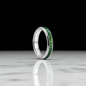 Moss Agate | Silver Wedding Ring | 4mm Silver Tungsten Ring | Agate Tungsten Band | Natural Moss Ring | Domed Wedding Band | Gift For Her |