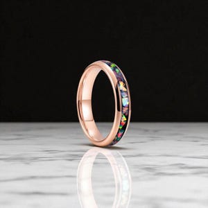 Multi Opal | Rose Gold Wedding Ring | 4mm Tungsten Ring | Opal Crushed Inlay Ring | Opal Tungsten Ring | Promise Couples Ring | Engraved