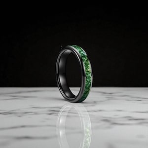 Moss Agate | Black Wedding Ring | 4mm Black Tungsten Ring | Agate Tungsten Band | Domed Wedding Band |  Green Ring For Her | Gift For Her