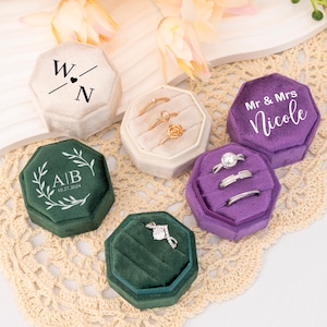 Personalized Ring Box, Custom Triple Slots Velvet Ring Box, Engagement Ring Holder, Wedding Ring Bear Box, Wedding Memorial,Anniversary Gift