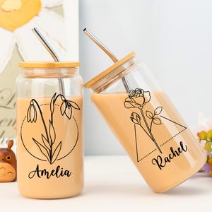 Personalized Birth Flower Glass Tumbler,Custom Glass Cup with Straw,Bridesmaid Proposal Gift,Flower Wedding Gift,Birthday Gift,Party Favor
