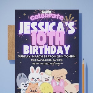 May include: A birthday invitation with a dark blue background and colorful fireworks. The text "Let's Celebrate Jessica's 10th Birthday" is in pink and white. The invitation includes details for the party, including the date, time, and location. The bottom of the invitation features a group of cartoon animals wearing white lab coats.