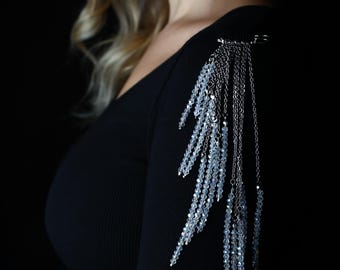 Statement Long Brooch with Crystal Glass – Tie Epaulette Pin, Coat or Lapel Brooch, Bag Decoration. Denim & Bag Charm Jewelry. Bag Accessory