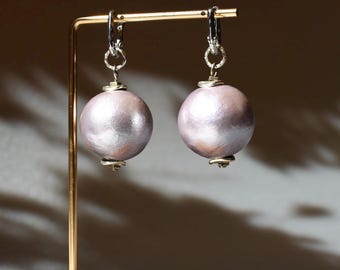 Very lightweight earrings made of purple cotton pearls. Luxury fittings. A gift for her. Christmas.