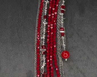 Red Crystal and Hematite Brooch Czech Glass Beads Pearl Chains Stainless Steel Handmade Statement Pin