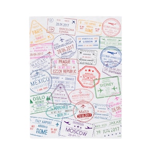 Travel Passport Stamps Blanket, Wanderlust Fleece Throw, Adventure Tapestry, World Map Bedspread, Globe Explorer Bedding, Traveler Gift
