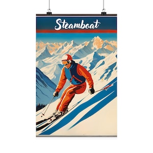 Ski Resort Poster, Vintage Ski Wall Art, Retro Winter Decor, Mountain Lodge Art Print, Steamboat Ski Poster