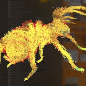 Op de afbeelding: Digitale illustratie van een geel en rood insectachtig wezen met meerdere poten en gevederde aanhangsels. Het kunstwerk heeft een getextureerde, bijna vage uitstraling, met een donkere achtergrond en hints van andere kleuren.