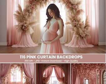 Cortinas Digitais com Flores Rosa: Fotografia de Maternidade (Download Digital)