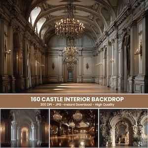 Pode incluir: Um cenário digital de um grande interior de castelo. A imagem apresenta um grande salão com detalhes arquitetônicos ornamentados, incluindo colunas, arcos e lustres. O texto "160 CASTLE INTERIOR BACKDROP" é exibido na parte inferior.