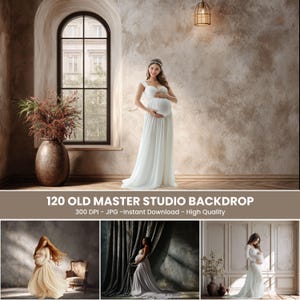 May include: A woman in a white maternity gown stands in a studio setting. The backdrop features a large arched window, a decorative vase, and textured walls. The image includes the text "120 OLD MASTER STUDIO BACKDROP".