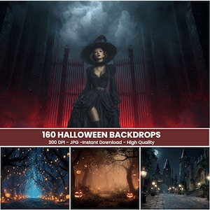 May include: A woman in a black witch costume and hat stands in front of a dark gate. The image is a promotional graphic for 160 Halloween backdrops. The bottom of the image shows three additional Halloween-themed images.