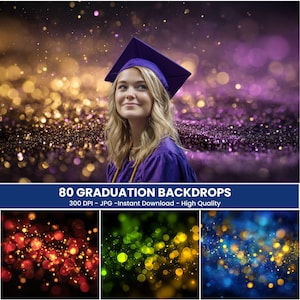 May include: A young woman in a purple graduation gown and cap looks upward against a backdrop of sparkling bokeh lights. The image includes three additional bokeh backgrounds in red, green, and blue with yellow accents. Text reads "80 GRADUATION BACKDROPS".