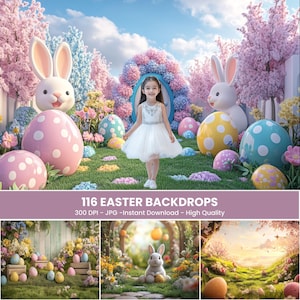 May include: A digital backdrop featuring a young girl in a white dress standing in a field of green grass with colourful Easter eggs and bunnies. The text "116 Easter Backdrops" is displayed at the bottom of the image.