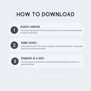 May include: A three-step guide on how to download digital items from Etsy. The steps are numbered 1, 2, and 3. Each step is outlined in a white box with a gray border. The first step is for desktop computers, the second step is for mobile devices, and the third step is for downloading as a guest.