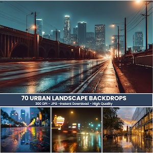 Könnte beinhalten: Digitales Kunstbild einer Stadtstraße bei Nacht, das die Lichter von Gebäuden und Straßenlaternen auf einer nassen Straße reflektiert. Das Bild enthält eine Brücke und den Text "70 URBAN LANDSCAPE BACKDROPS".