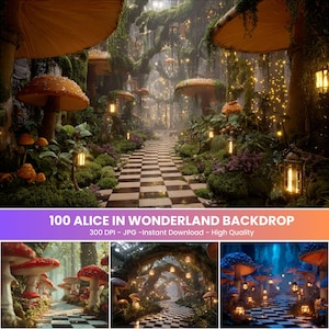 Può includere: Uno sfondo digitale con una scena forestale stravagante ispirata ad Alice nel Paese delle Meraviglie. L'immagine mostra un sentiero a scacchi che conduce attraverso un paesaggio magico con funghi giganti, lanterne e vegetazione lussureggiante. Il testo recita "100 Alice in Wonderland Backdrop".