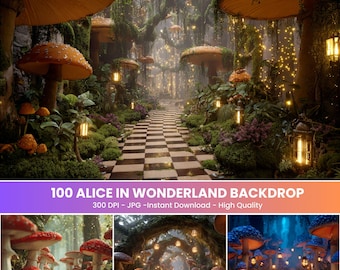 Achtergronden Alice in Wonderland, digitale fantasieachtergronden, scènes met fantasieverhalen
