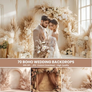 May include: 70 Boho Wedding Backdrops - 300 DPI - JPG - Instant Download - High Quality. A couple poses in front of a wedding backdrop with pampas grass and white flowers. The backdrop is a neutral beige color. The couple is wearing wedding attire. The image is a digital download.