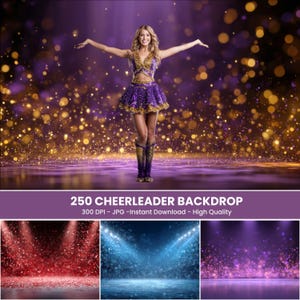 Könnte beinhalten: Eine Frau in einem lila-goldenen Cheerleader-Outfit mit passenden Stiefeln steht mit ausgestreckten Armen vor einem lila-goldenen Bokeh-Hintergrund. Das Bild enthält den Text "250 CHEERLEADER BACKDROP".