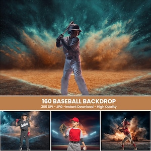 May include: A baseball backdrop image featuring a young batter in a baseball uniform, poised to swing. The background has a dramatic, cloudy sky with orange and blue hues. The text "160 BASEBALL BACKDROP" is displayed at the bottom.