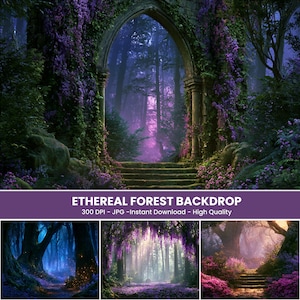 May include: A digital backdrop collection featuring an arched stone gateway covered in purple flowers leading into a dark forest, alongside three additional scenes of enchanted woodlands with purple flora, glowing lights, and stone steps.