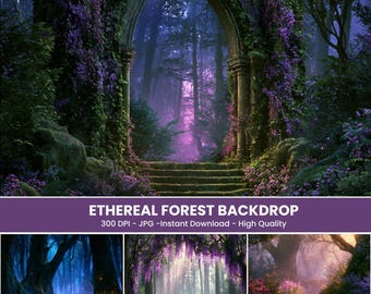 Etherische bosachtergrond, betoverde bostaferelen met hoge resolutie voor Canva en Photoshop