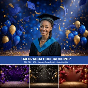 May include: A smiling graduate in a cap and gown, surrounded by blue and gold balloons, graduation caps, and confetti. The backdrop is a vibrant blue. The image includes the text "140 GRADUATION BACKDROP".