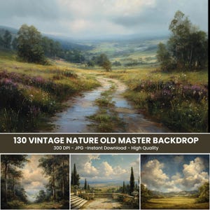 May include: A vintage landscape painting depicting a dirt track through a verdant field with wildflowers under a cloudy sky. The scene evokes a sense of peace. The image includes the text "130 VINTAGE NATURE OLD MASTER BACKDROP".