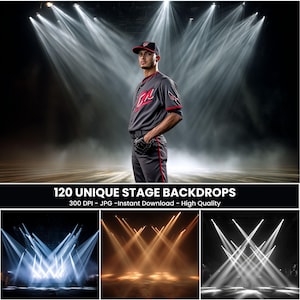 Könnte beinhalten: Ein Baseballspieler in grau-roter Uniform und Kappe steht auf einer Bühne mit hellen Scheinwerfern. Das Bild enthält den Text "120 UNIQUE STAGE BACKDROPS" und drei kleinere Bilder von Bühnenbeleuchtung.