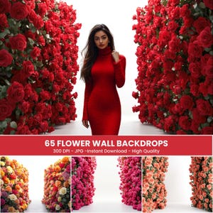 May include: 65 Flower Wall Backdrops - 300 DPI - JPG - Instant Download - High Quality. A collection of 65 digital flower wall backdrops featuring various colors and flower arrangements. The backdrops are perfect for creating a beautiful and vibrant backdrop for photoshoots, events, and more.