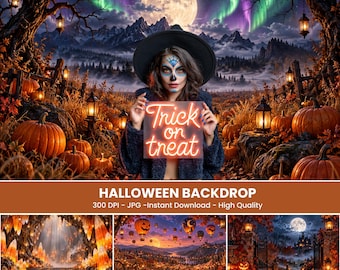Halloween Digital Backdrops, Spooky Pumpkin Photography Backgrounds, Gothic Haunted House, Fall Autumn Photo Backdrop