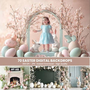 May include: 70 Easter digital backdrops with a pink and white floral background. The backdrops feature a girl in a blue dress standing in a white archway with two white bunnies. The backdrops also feature a variety of pastel colored Easter eggs.