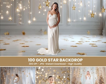 100 digitale achtergronden gouden ster, kerstachtergrond, gouden bokeh-achtergronden, witte sterren vakantiestudio,