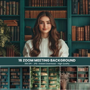 Zoom Green Bookshelves Background - Digital Backdrop for Virtual Meetings, Zoom Background for Home Office, Online Class & Video Call