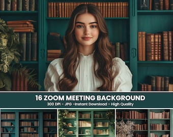 Zoom Green Bookshelves Background - Digital Backdrop for Virtual Meetings, Zoom Background for Home Office, Online Class & Video Call