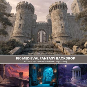 May include: A digital illustration of a medieval castle with stone towers, a large gate, and a staircase leading up to the entrance. The image includes the text "180 MEDIEVAL FANTASY BACKDROP". Below are three additional fantasy landscape images.