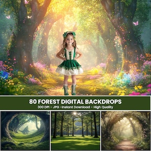 Green Summer Forest Backdrop Spring Background with Grass Trees, Natural Path for Creative Photos, Butterfly Decor, Digital Outdoor Backdrop