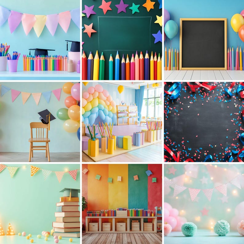 Op de afbeelding: Een collage van afbeeldingen met school- en afstudeerthema's. Bevat kleurrijke potloden, afstudeerpetten, ballonnen, vlaggenlijnen, een schoolbord en een houten stoel. Het kleurenpalet is helder en vrolijk, met een focus op onderwijs en viering.