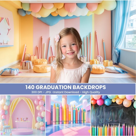 Colorful Graduation Photo Booth Backdrop: Pencils, Caps (Digital Download, 300 DPI JPG File)