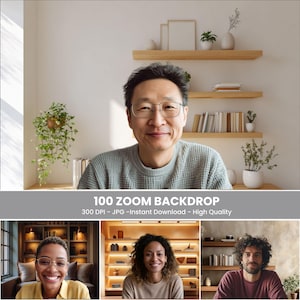 May include: A man wearing glasses smiles at the camera, with a neutral background featuring shelves with books and plants. The image includes the text "100 ZOOM BACKDROP" and details about the file format.