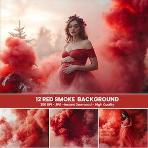 Puede incluir: Una mujer embarazada con un vestido rojo se encuentra frente a una nube de humo rojo. El humo se extiende detrás de ella, creando un fondo dramático. 12 Red Smoke Background 300 DPI - JPG - Descarga instantánea - Alta calidad