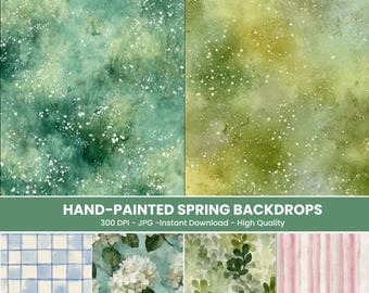 Conjunto de fundos digitais com estampa floral impressionista em tons pastel suaves, pintados à mão, com motivos de chalés na primavera. Inclui xadrez vichy, flores pequenas e listras.