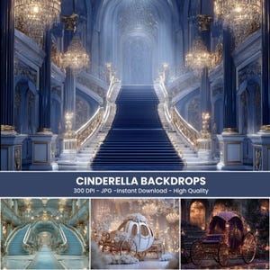 Può includere: Uno sfondo digitale con una grande scalinata con accenti dorati e lampadari ornati. L'immagine ha una combinazione di colori blu e bianco, con il testo "CINDERELLA BACKDROPS" in basso.