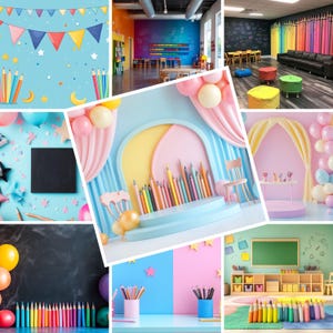 Op de afbeelding: Een collage van afbeeldingen met kleurpotloden en kunstbenodigdheden. De afbeeldingen bevatten potloden in verschillende opstellingen, een schoolbord en een klaslokaal. Het kleurenpalet is helder en speels, met tinten blauw, roze, geel en groen.