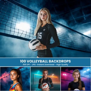May include: A young woman in a black volleyball uniform holding a volleyball in front of a net. The image is set against a blue background with the text "100 VOLLEYBALL BACKDROPS". Additional images of volleyball players are shown below.